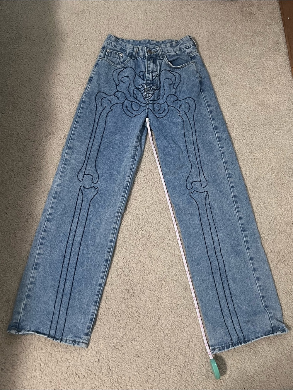 Blue Skeleton Print Wide-Leg Jeans